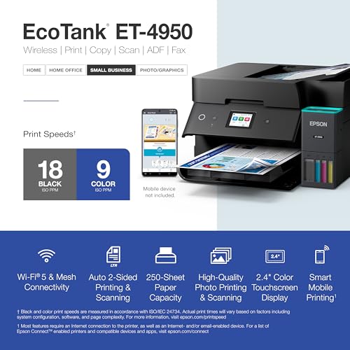 epson ecotank et-4950 wireless all-in-one color supertank printer with up to 3 years of ink refillable tanks perfect for home 18 ppm 2434 color touchscreen auto document feeder  black