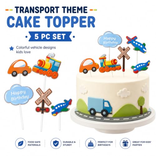 Image of Wanna Party Transport Theme Cake Topper Set - 5PC Happy Birthday Cake Decoration with Car, Train, Airplane, Railway Crossing & Cloud Topper for Kids Birthday Party, Vehicle Theme Cake Decor