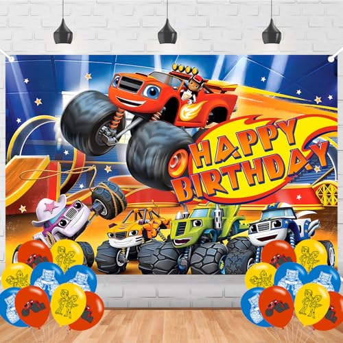 Blaze and Monster Car Backdrop 5x3 Vinyl Cartoon Car Birthday Party Supplies Photography Background Picture Photoshoot Cake Table Decor Banner Video Shoot Drapes Poster