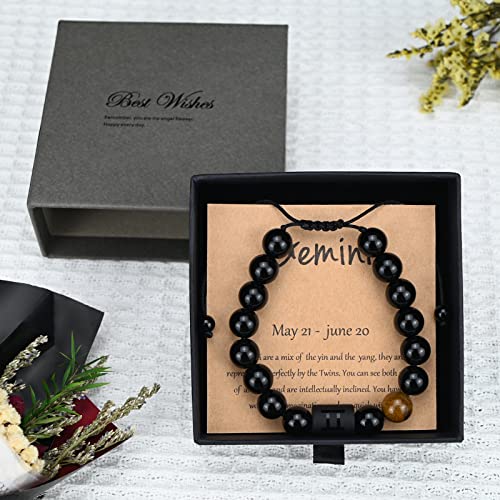 Zodiac Bracelets For Men, Handmade Star Sign Constellations Horoscope Beaded Bracelet, Natural Black Onyx Stone Couples Jewelry Gifts, Anniversary Christmas Cute Presents For Teen Boys (Gemini) #TOP2