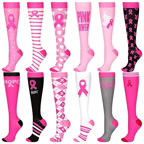 Suhine 12 Pairs Breast Cancer Awareness Socks with Stripes Pink Ribbon Sports Softball Socks Bulk Compression Socks Soccer Football Socks Soft Breast Cancer Socks for Women Men Running Travel