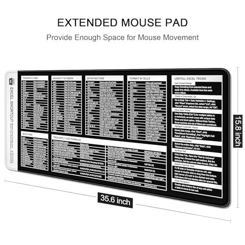Image of Auhoahsil Excel Shortcut Mouse Pad, Large Excel Cheat Sheet Desk Pad, XXL Extended Computer Mousepad, Office Desk Mat for Laptop and Keyboard, Non-Slip Rubber, Stitched Edges, 35.4 inchx15.7 inch, Black