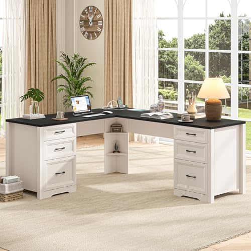 Image of Vabches Wood L Shaped Executive Desk with 6 Drawers, Farmhouse Home Office Desk with Power Outlets and Triangle Under-Desk Storage Shelf & Drawer File Cabinet, Corner Computer Desk, Black