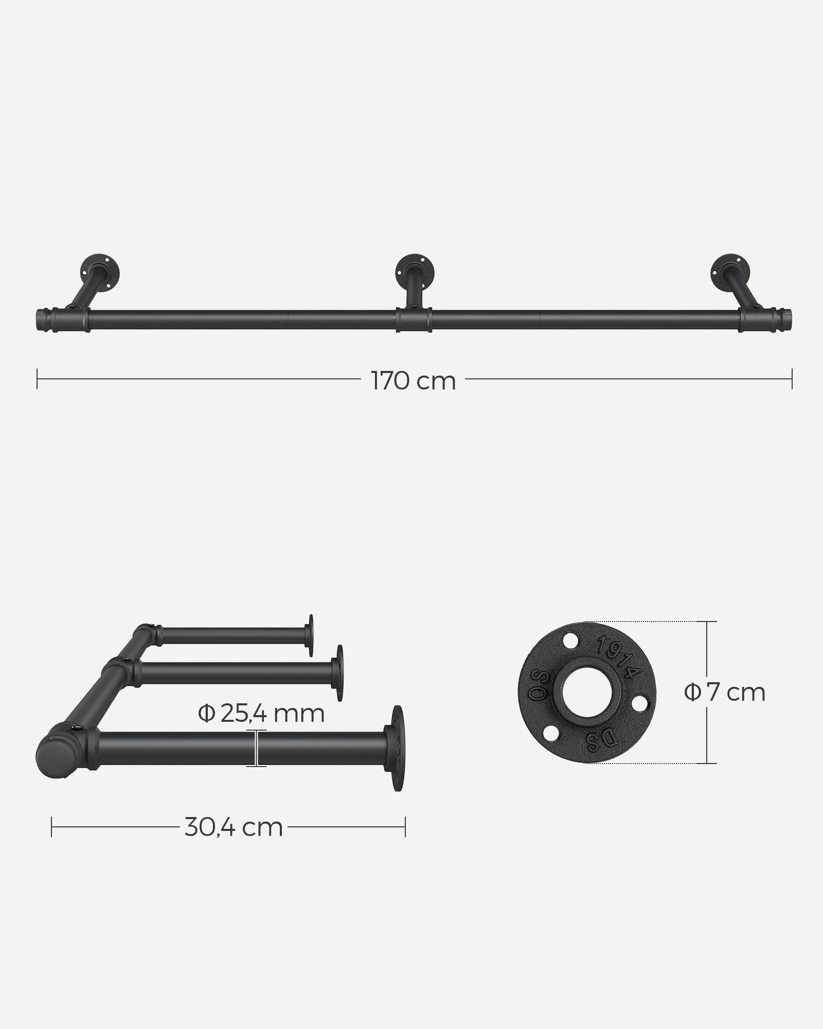 SONGMICS Tringle Vêtement Murale, Porte-manteau Mural, Penderie, Style Industriel, Gain de Place, 30,4 x 170 x 7 cm, Capacité de Charge de 68 kg, Montage Facile, en Acier, Noir HSR104B01
