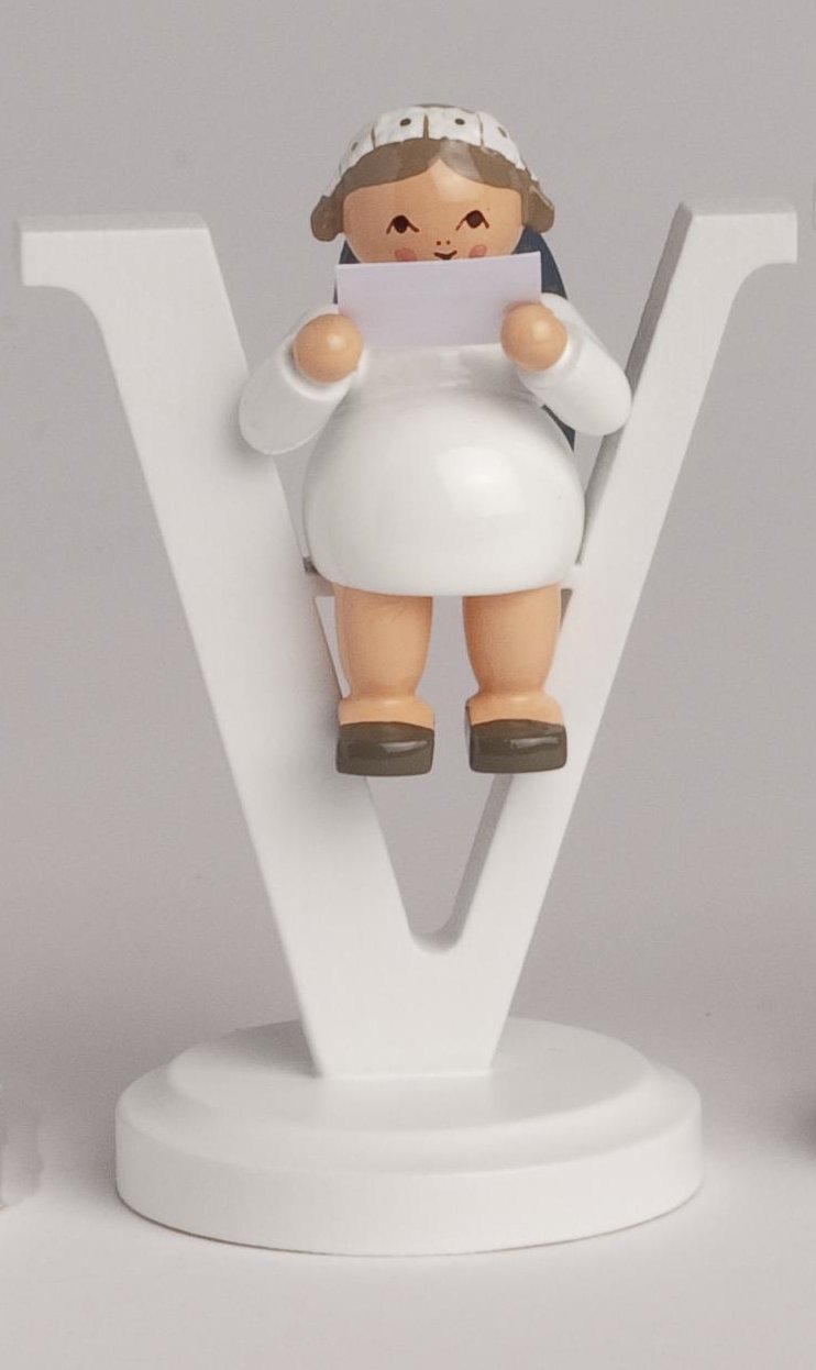 Lettre V 7 cm d'ange abattant des arbres figurine Erzgebirge