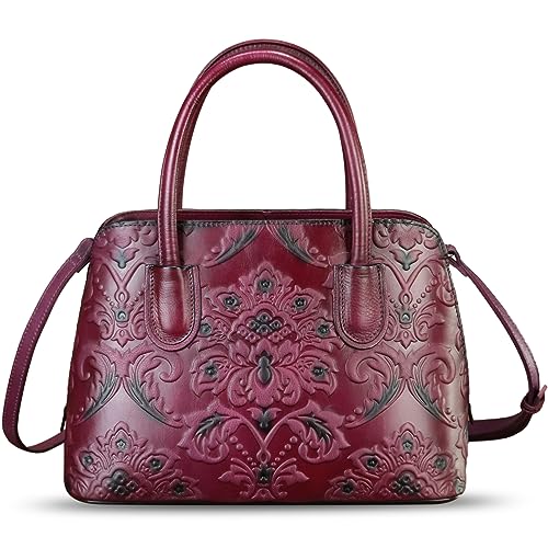 Image of Genuine Leather Handbag for Women Top Handle Satchel Handmade Retro Embossed Leather Vintage Crossbody Purse