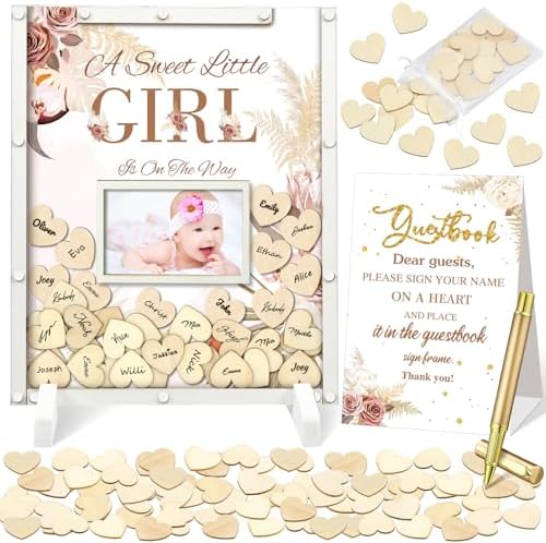 Baby Shower Guest Book Alternatives Set - DIY Gender Reveal With Wooden Frame & 60 Baby Suit Cards