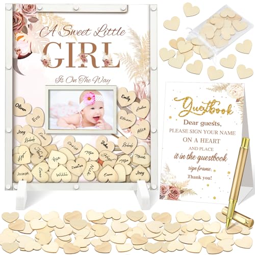 Image of Beeveer 65 Pcs Baby Shower Guest Book Alternatives Boho Flower Baby Shower Sign in Guest Book Decorations with Picture Frame and 60 Wooden Heart Chip Keepsake Gifts for New Parents