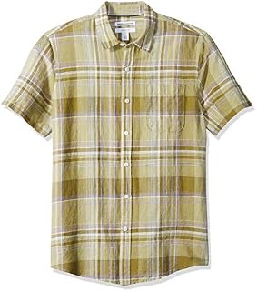 Amazon Essentials Men's Slim-Fit Short-Sleeve Plaid Linen Shirt, Olive, Large