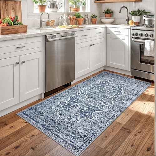 KUTA 3x5 Vintage Area Rug, Vintage Floral Kitchen Rugs Blue White Washable Non-Slip, Ultra Soft Printed Medallion Tribal Entry Low-Pile Carpet for Bedroom Nursery Dorm Décor