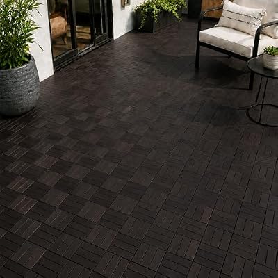 Deck Tiles - Patio Pavers - Acacia Wood Outdoor Flooring - Interlocking Patio Tiles - 12"x12" (20 Pack) - Ebony Finish - Checker Pattern Decking