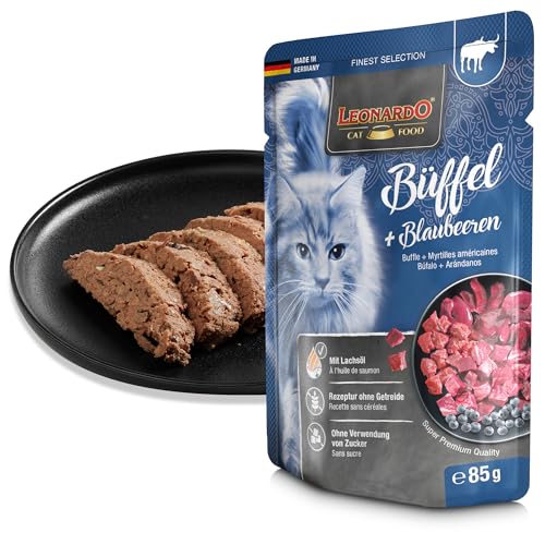 LEONARDO Nassfutter im Frischebeutel [16x85g Büffel und Blaubeere] | Getreidefreies Nassfutter für Katzen | Alleinfutter im Einzelportionsbeutel