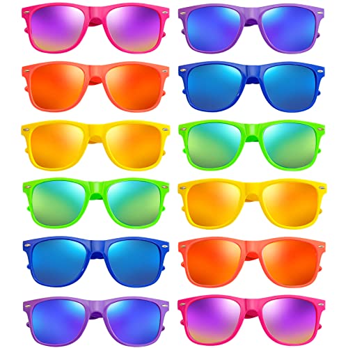 SUNOVELTIES 12/24 Pack Neon Party Sunglasses Mirrored/Jelly Lens Bulk Glasses Horn Rimmed Eyewear for Men Women