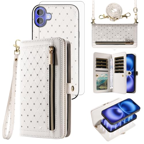 Coque pour iPhone 16 Asuwish avec portefeuille amovible et protection écran en verre trempé