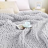 Admitrack Chunky Knit Blanket Throw, 100% Hand Knit Chenille Throw Blanket for Sofa & Home Decor, Soft and Cozy Knitted Throw Blankets (Light Gray，51'x63')