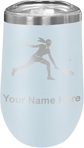 Miniatura 40 de LaserGram Vaso de vino de acero inoxidable de doble pared, mujer jugadora de tenis, grabado personalizado incluido (negro)