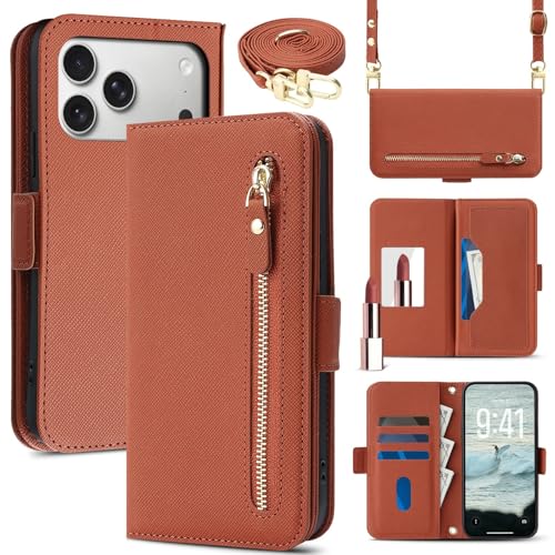 Étui cuir iPhone 15 Pro marron anti-chute et anti-perte grâce à sa bandoulière robuste