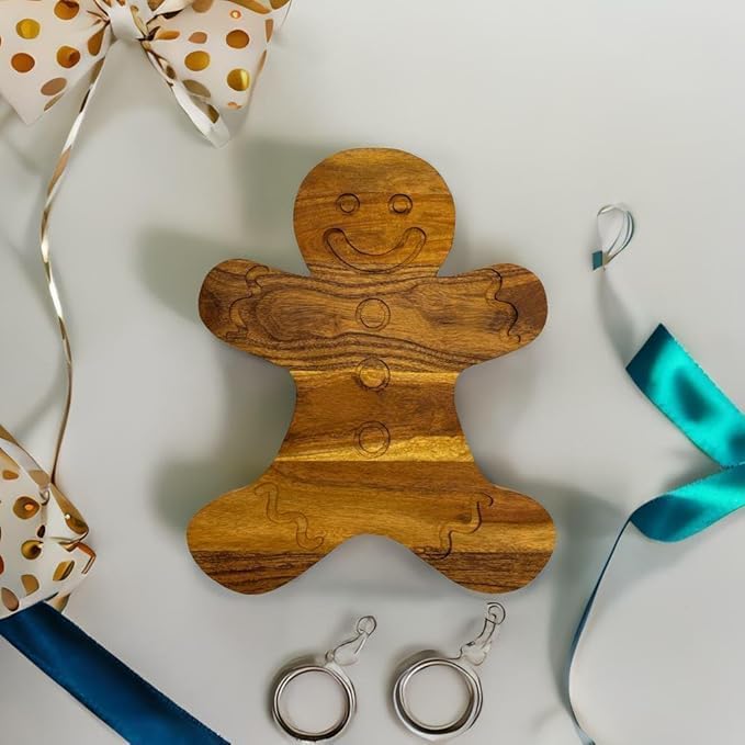 Wood Cutting Chopping Board for Kitchen Christmas Gift Gingerbread Shaped with Grooves, Decorative Wooden Cutting Board for Cheese & Charcuterie.Serving Platter 33.8L x 27.3W cm Brown