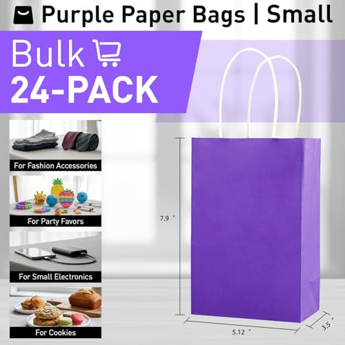 Image of SUNCOLOR 24-Pack Purple Gift Bags with Handles - 8 inch Goodie Bags for Party Favor Bags, Birthdays, Weddings & Special Occasions (Purple)