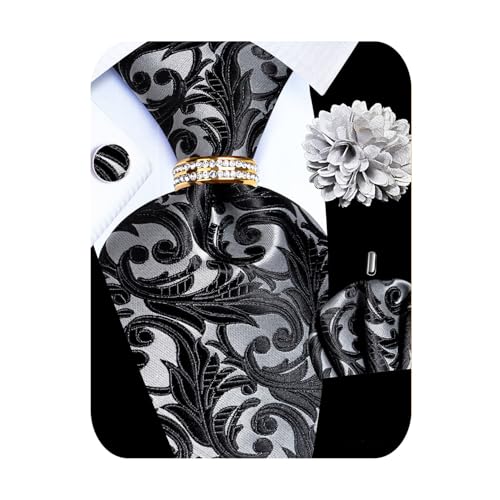 Image of 5PCS Mens Silk Designer Tie, Pocket Square, Cufflinks, Drilled Tie Ring and Lapel Pin Set for Wedding Groom Party