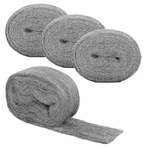 4 Rollos de Lana de Acero 3 m X 7 cm, 0 Lana de Acero para Proteger Contra Ratones Fácil de Cortar a la Medida y Forma Deseadas, Adecuada para Agujeros, Grietas en Paredes, Limpieza y Pulido