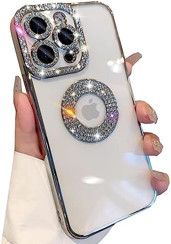 Changjia for iPhone 14 Pro Max Clear Glitter Case,Cute Bling Sparkle Shiny with Rhinestones Diamond Camera Protection Logo View Soft Plating Bumper Women Girls Case for iPhone 14 Pro Max 6.7" (Silver)