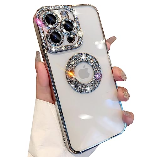 Changjia For Iphone 14 Pro Max Clear Glitter Case,Cute Bling Sparkle Shiny With Rhinestones Diamond Camera Protection Logo View Soft Plating Bumper Women Girls Case For Iphone 14 Pro Max 6.7" (Silver) #TOP30