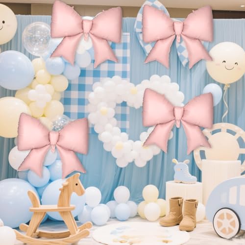 Image of 4Pcs Giant Bow Balloons, 97.5cm /38in Big Elegant Coquette Theme Balloons for Birthday Wedding Engagement & Party Large Decorations Bridal & Bachelorette Supplies (Pink)
