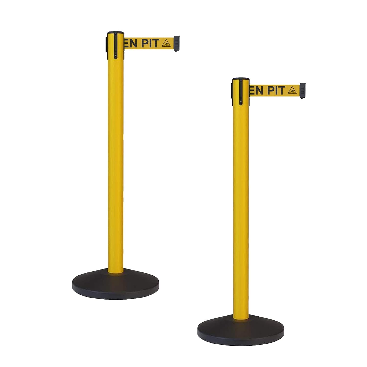 Crowd Control Warehouse - CCW Set of 2 Safety Retractable Belt Barrier Stanchion, Sloped Base, Yellow Post, RBB-100-11 ft Belt, Yellow with"Beware Open Pit" Black Letter Open Pit Logo Belt