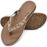 Womens Yoga Mat Flip Flops Comfortable Arch Support Beach Leather Strap Thongs Sandals With Lightweight EVA Sole,Brown Size 8