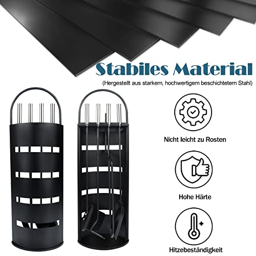 Aufun Kaminbesteck Edelstahl 5-teilig Modern Kamin Zubehör Set Kamingarnitur inkl. Besen, Schaufel, Schürhaken, Zange und Ständer mit Sichtschutz, Schwarz – Bild 3