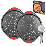 YIDAZLE Pizza Pan for Oven (2 PACK), Pizza Baking Trays with Pizza Cutter, Non-Stick Pizza Baking Pan with Perforated Holes and Silicone Handle, Oven & Dishwasher Safe Carbon Steel