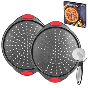 Non-Stick Pizza Pans (2 PACK), Round Pizza Trays for Oven with Perforated Holes, 13 Inch Pizza Baking Pan with Pizza Cutter and Silicone Handle, Oven & Dishwasher Safe Carbon Steel