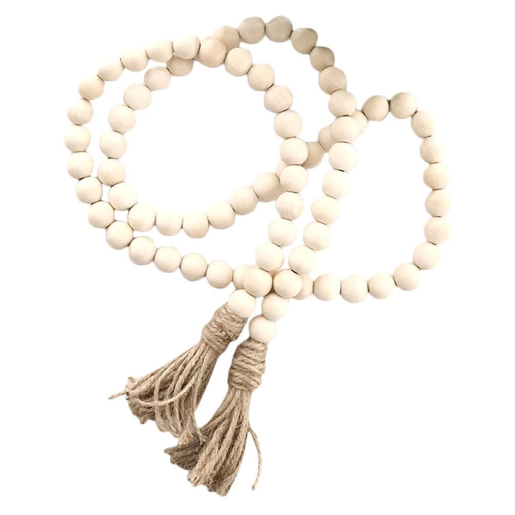 Wood Bead Garland with Tassels: Farmhouse Beads Rustic Wooden Beads Decorative Prayer Boho Beads Country Decor Wall Hanging Decor Coffee Table Decor