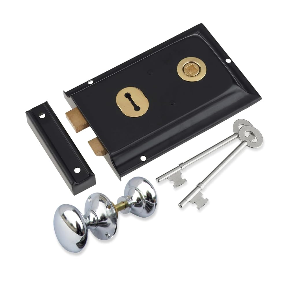 Haven Heritage 6" x 4" Rim Lock Black Brass + Knob Chrome - Secure Key and Door Locks for External and Internal Doors, Shed Door Lock and Garden Rim Lock Door Knob Set for Enhanced Home Security