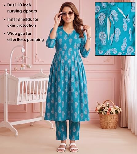 Image of DUMMY SHAPE Maternity Dresses for Women Cotton Rayon | Floral Kurta Pant Dupatta Set with Nursing Zippers to Pre & Post Partum | Feeding Kurtis | Mom to Be Gifts for Pregnant Woman
