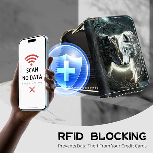 Image of Cute Credit Card Holder with Zipper, White Black Wolf RFID-Blocking Card Case Small Wallet for Women Men, Multi-slot Card Organizer Case Travel Accordion Wallet