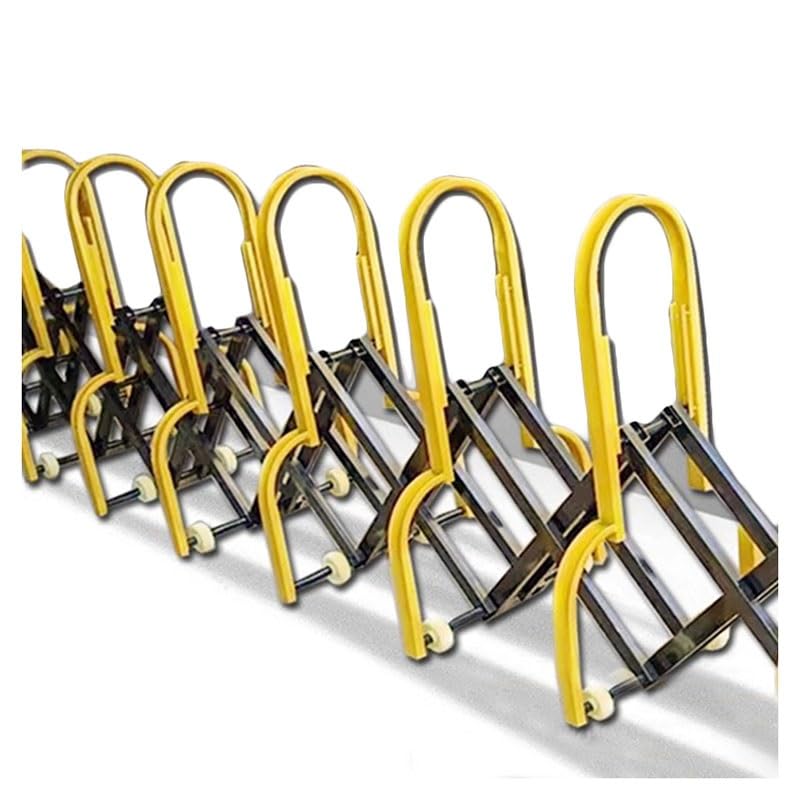 Ausziehbare, einziehbare Faltbarrikade • Mobile Sicherheitsbarriere mit Rädern, Verkehrssicherung, Einfahrtstor für Baustellen und Aufzüge, Gelb/Schwarz, 5 x 0,85