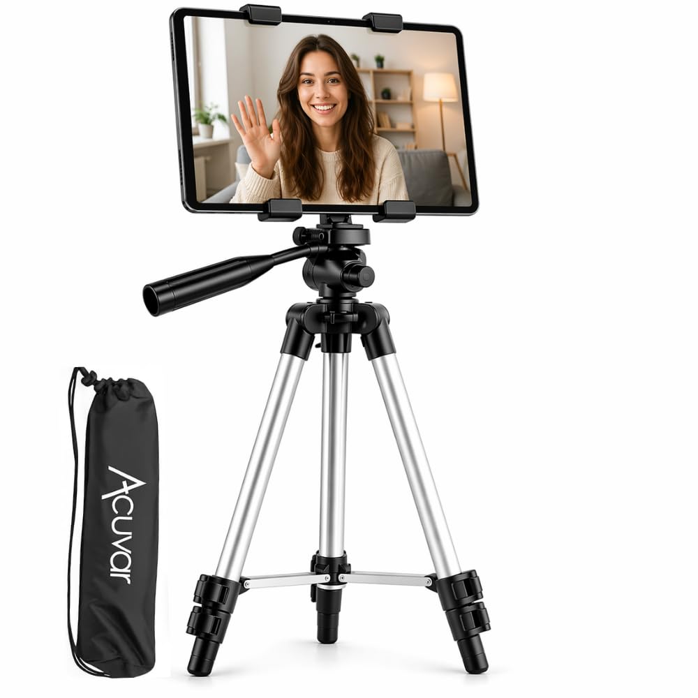 Acuvar 50" Camera Tripod with iPad Tripod Mount – Tablet Holder for Tripod Stand, Adjustable Tripod for iPad & Tablets 8–11 Inch, Compatible with iPad