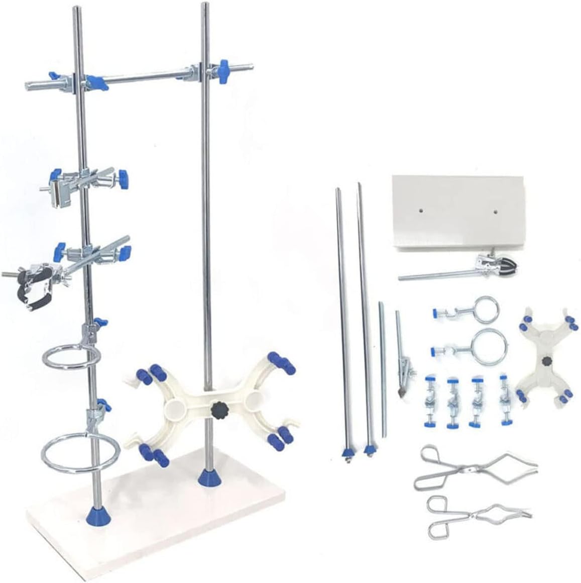Laboratory Stands Support Set, with a Round-jaw Burette Clamp & Butterfly Burette Clamp, Lab Clamp Retort and 2 Flask Ring Clamps, Rod Length 60cm Sciencent Laboratory Grade Lab Metalware Set