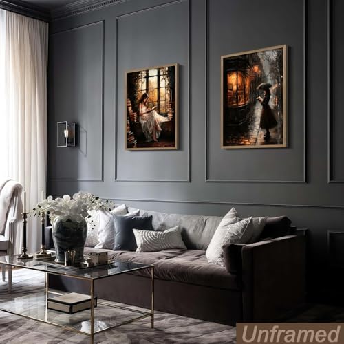 Image of NCYEL 2Pcs Dark Academy Canvas Wall Art Painting Book Reading Print Vintage Style Drawing Gothic Poster Girl Street Scene Picture Library Study Bedroom Decor Literature Gallery 12x16 Inch Unframed