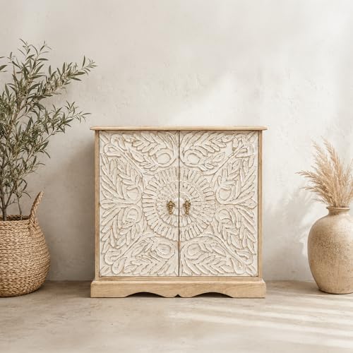 Image of The Attic Jodhpur Large Sideboard Cabinet for Kitchen and Living Room Storage in Solid Wood with Natural and White Matte Finish