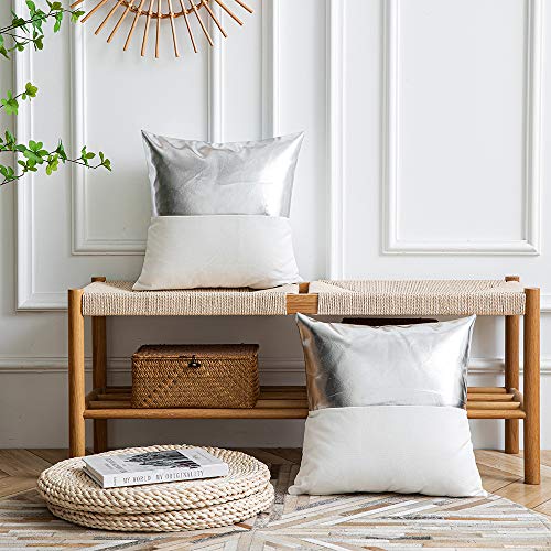 Dezene Leather Throw Pillow Covers, Set Of 2 Modern Leather/Cotton Decorative Pillowcases For Home Decor Bedroom Living Room Couch Bed Sofa, 20X20 Inch, Silver And White #TOP2