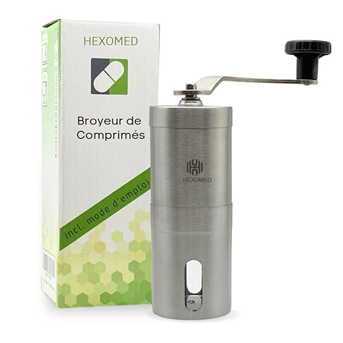 Broyeur pilule HEXOMED en acier inoxydable – Broyeur médicament manuel pour adultes, enfants et animaux domestiques – Mortier médicament