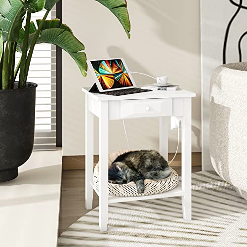 Otekay Nightstand With Charging Station, Solid Wood End Table With 2 Usb Ports And 2 Ac Power Outlets, Bed Side Table Night Stand Features A Drawer And Shelf For Storage, White #TOP2