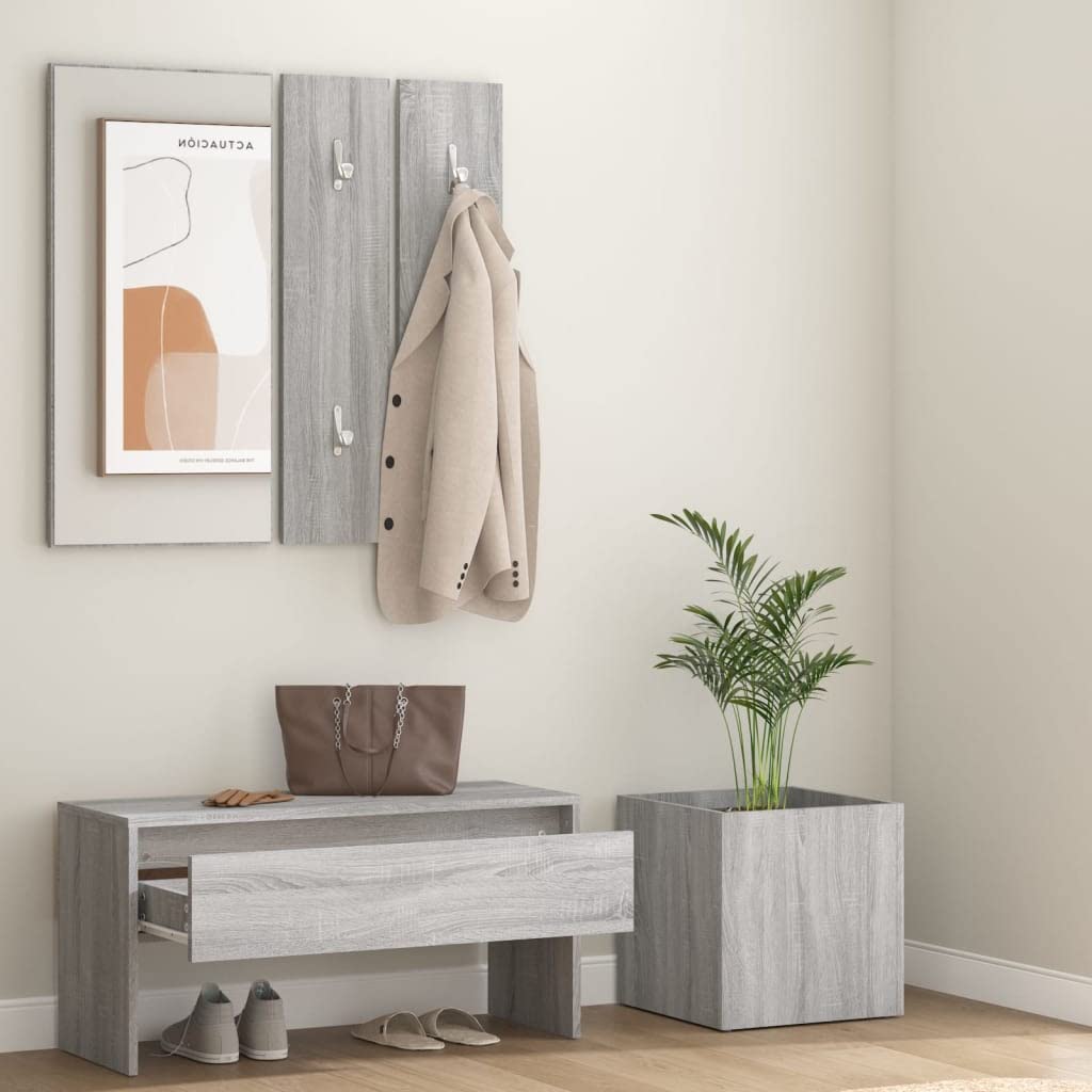 Juego de roperos de pasillo gris Sonoma con espejo, banco de pasillo, cajón de almacenamiento de hasta 110 kg por asiento, almacenamiento de zapatos y jardinera para pasillo