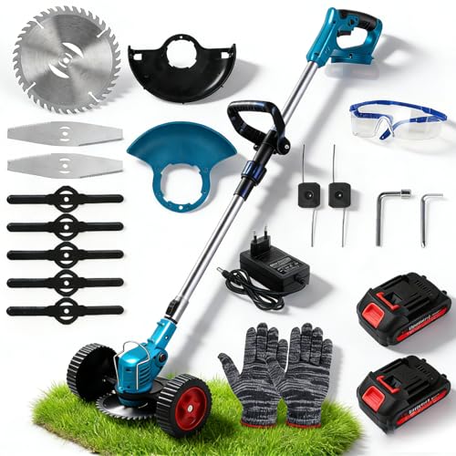 Cortadora de césped inalámbrica, cortadora de césped a batería con 2 baterías de 1500 mAh, desbrozadora eléctrica Ajustable, Recortadora de Bordes con Mango telescópico y Ruedas adicionales