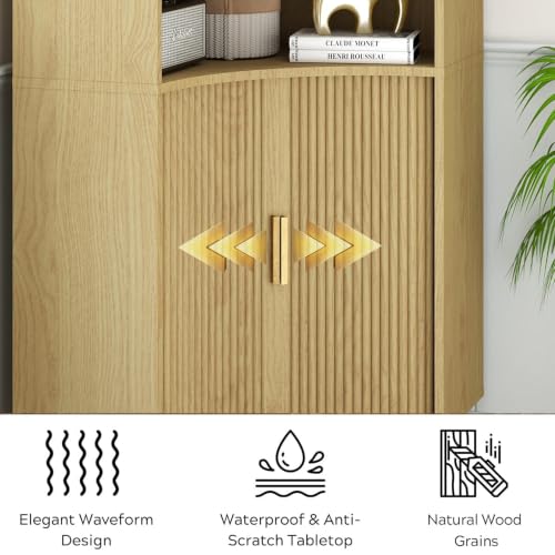 Image of Fluted Corner Cabinet with Open Storage, Modern Floor Cabinets with Sliding Doors and 2-Tier Shelves, Freestanding Narrow Organizer for Small Space,Living Room, Dining Room,Natural