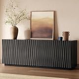 70" Fluted TV Stand for TVs Up to 50/55/65/75", Mid-Century Modern Entertainment Center for Living Room, Tall Sideboard & Storage Cabinet Wavy Media & TV Console, 8 Cable Holes&Soft-Close,Black Walnut