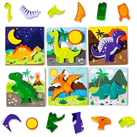 Klevly 6 PK Dinosaur Wooden Toddler Puzzles Ages 2-4 | Wooden Puzzles for Toddlers 1-3 | Montessori Toys for 2 Year Old | Learning Toys for 2+ Year Olds | Educational Toys for 2 Year Old | STEM Toy Cover